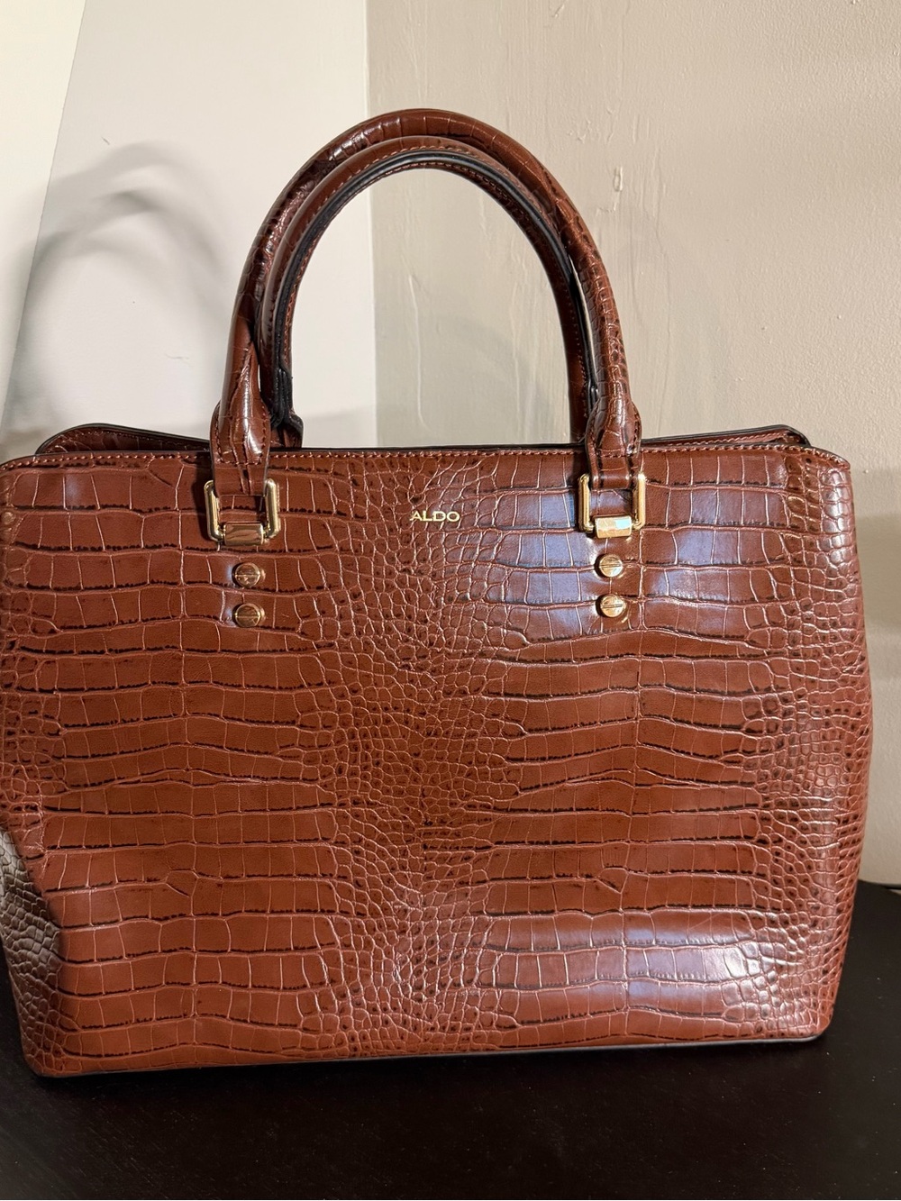 ALDO Brown Croc-Embossed Satchel with Gold Hardware